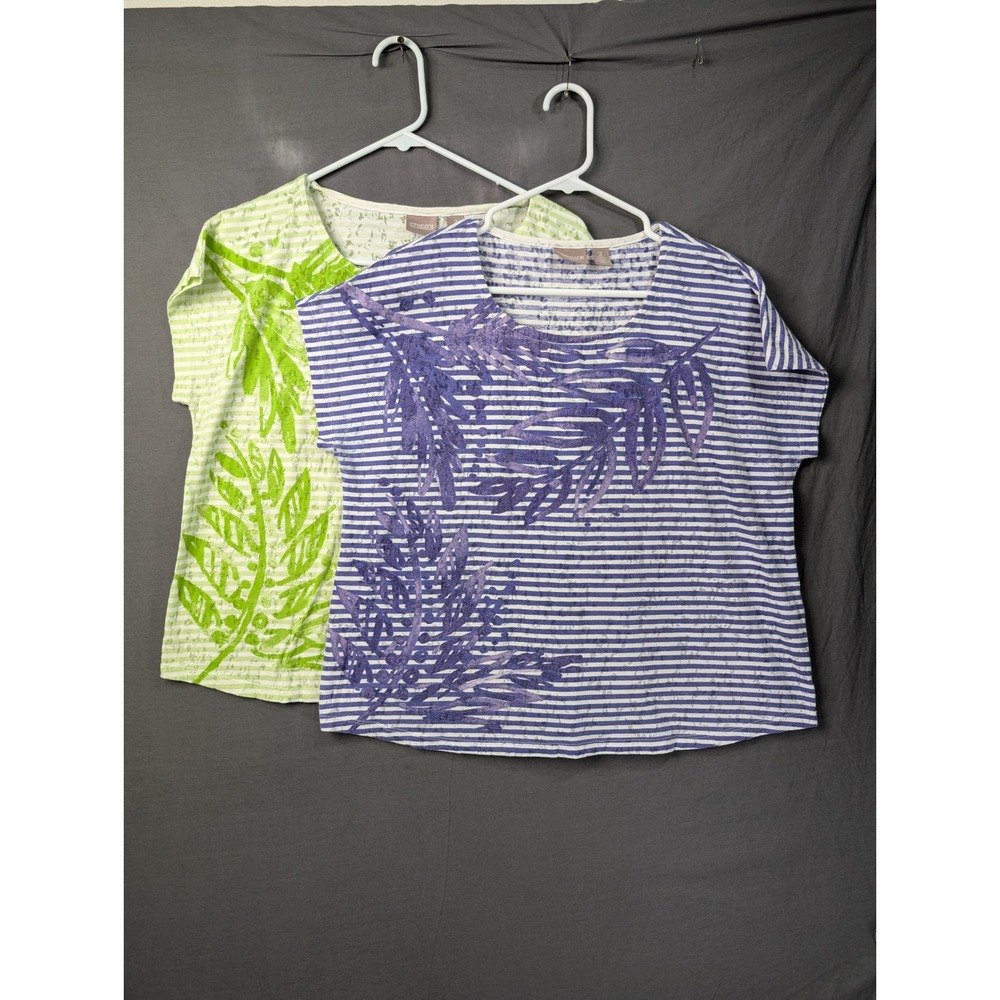 Chicos Lot 2 Striped Leaf Print Short Sleeve T-Shirts Size 2 Large Purple Green